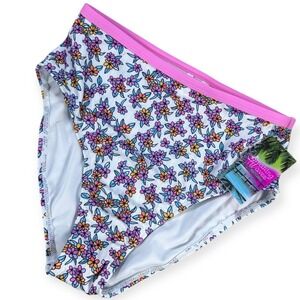 Breaking Waves Swimwear High Waisted Bikini Bottoms Floral Print Pink Trim Small